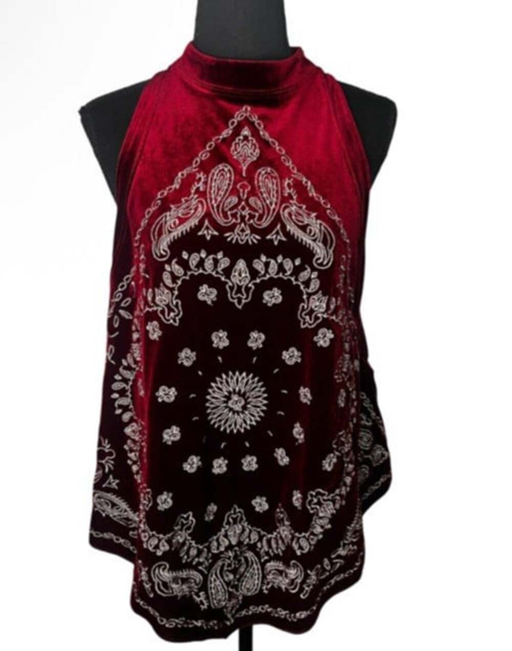 Free People Shirt Sz L Burgundy Velvet Bandana Festival Boho Hippie Embroidered - Picture 3 of 11